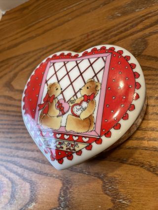 Vintage Enesco Lucy & Me Teddy Bears Trinket Dish Jewelry Box Decor 1983 Heart 3