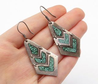 Crc Mexico 925 Silver - Vintage Crushed Turquoise Inlay Dangle Earrings - E8143
