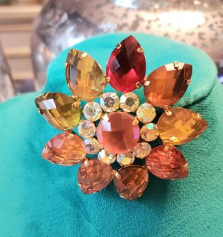 Vintage Signed Joan Rivers Multi Color Rhinestone Flower Brooch