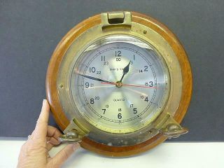 Vintage Brass Porthole & Wood Quartz Wall Ship’s Time Wall Clock