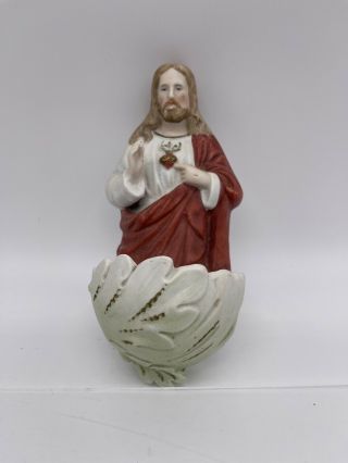Vintage Holy Water Font Jesus Sacred Heart Ceramic Hand Painted