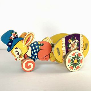Vintage Rabbit Egg Cart Pull Toy The Dolly Toy Company 1950 
