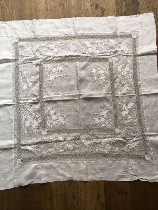 Vintage Antique White Cotton Crane Embroidered/lace Square Tablecloth 40”x40”