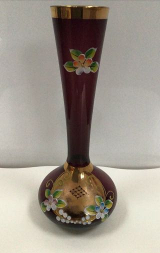 Vintage Murano Amethyst Glass Vase 24k Gold Hand Painted Gilt And Flowers