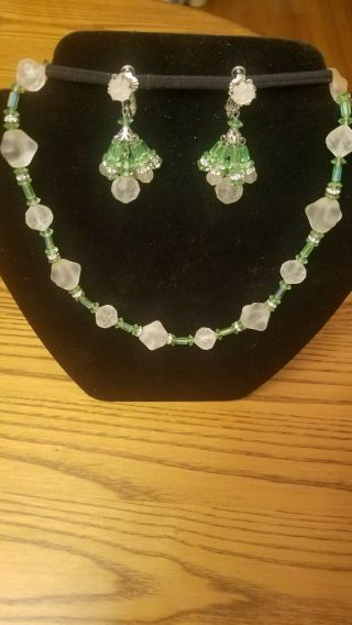 Vintage Vendome Green Crystal,  Rhinestones Clear Frosted Art Glass Bead Neckl