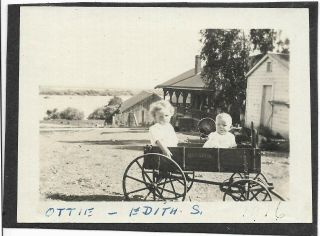 Vtg Antique Photo Baby Boy Girl Sitting In Miniature Wood Wagon Farm 1916