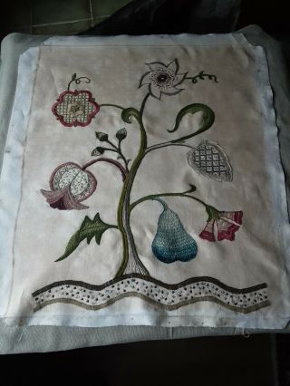 Vintage Hand Embroidered Linen Panel Picture Jacobean Style Unframed
