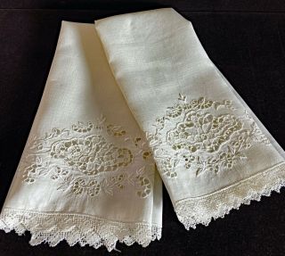 Vintage Antique Damask Linen Towels W/ Embroidery And Needle Lace Ww81