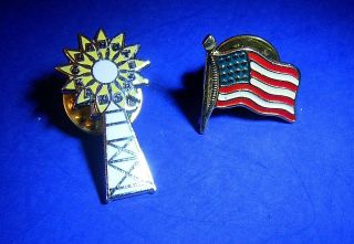 Vintage Chanute Kansas & American Flag Gold Tone & Enamel Lapel Or Hat Pins