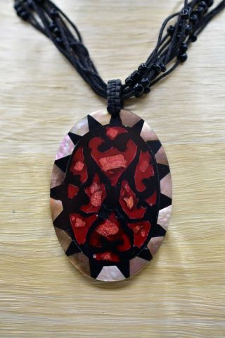 Vintage Statement Pendant Necklace Abalone Shell Inlay Red Black Beaded Bin7