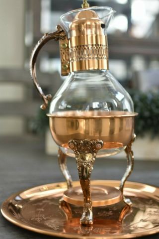 Vintage Copper Tea/coffee Decanter W/ Warming Stand And Serving Tray