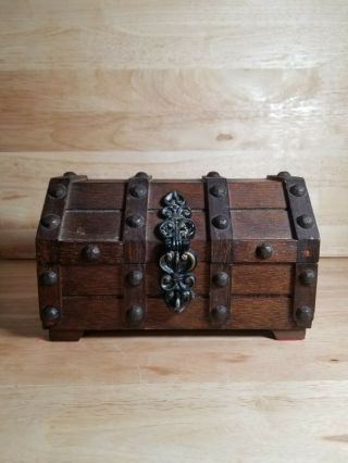 Vintage Wooden Treasure Chest Jewelry Box W/ Red Velvet Removable Shelf