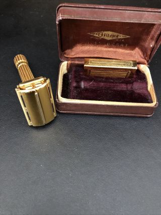 Vintage Gillette Aristocrat Safety Razor W/blade Case And Leather Box Gold Tone