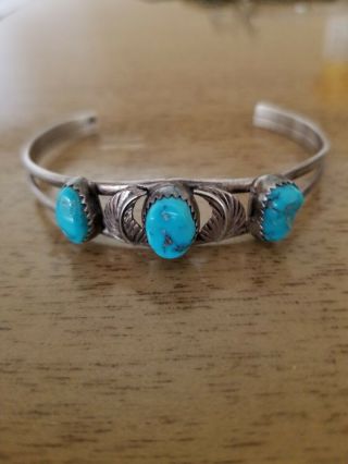 Vintage J.  S.  Sterling Silver Cuff Bracelet With Turquoise