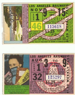 Railway Tram Tickets U S A,  2 No.  Los Angeles Railway,  Weekly Pass,  1941