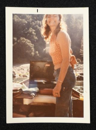 Vtg 1970s Snapshot Photo Mountain Creek Halter Top Woman Cooks Camp Stove Eggs