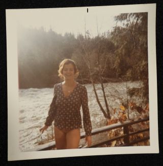 Vtg 1970s Snapshot Photo Smiling Woman Says Rocky Mountain River Took Her Pants