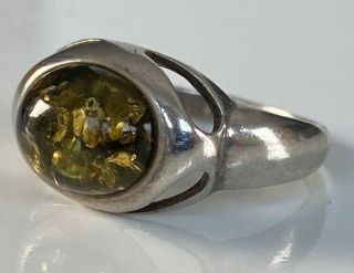 Vintage Sterling Silver Ring With Amber Size M - Tiny Hallmarks Outside Of Band