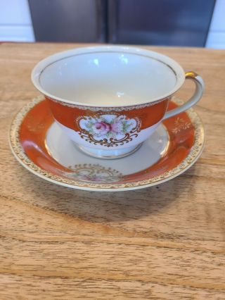 Vintage Tea Cup And Saucer Made In Occupied Japan Orange Floral Hand Painted