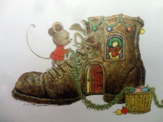 Vintage Christmas Card Mouse Decorates Shoe Wood Door Red Sweater