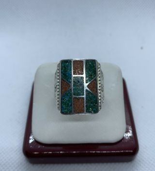 Vintage Sterling Silver Coral And Turquoise Inlay Navajo Ring Size 10.  5
