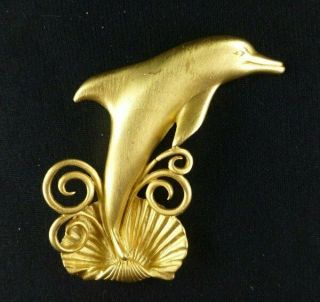 Vintage Jj Gold Tone Dolphin Pin Brooch Sea Shell