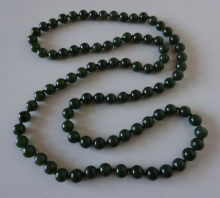 Vintage Necklace - Natural Dark Green Jade Beads - Long 32 " - Individual Knotted