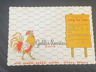 Vintage Paper Place Mat Golden Rooster Room Dick Graves Golden Nugget Sparks Nv