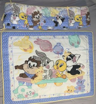 Vintage Baby Looney Tunes Crib Comforter Quilt With Bumper Pad