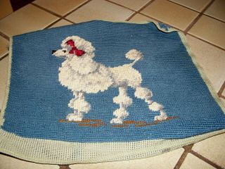 Vintage Completed Needlepoint For Framing - Pillow White French Poodle On Blue