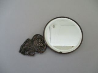 Vintage Denmark Handheld Pocket Or Purse Mirror With Ornate Metal Frame