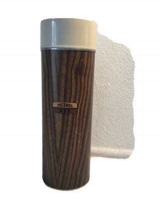 Vintage 1970’s Thermos Brand Wood Grain Insulated Bottle 12” Tall Soup,  Etc