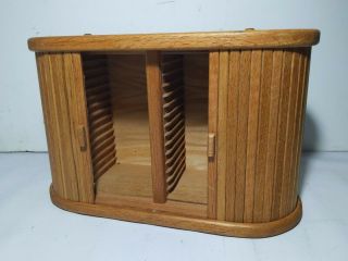 Vintage Oak Wood Tambour Roll Top Sides Cd Holder Storage Box Case Organizer