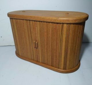 Vintage Oak Wood Tambour Roll Top Sides CD Holder Storage Box Case Organizer 2