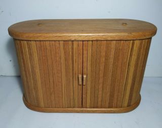 Vintage Oak Wood Tambour Roll Top Sides CD Holder Storage Box Case Organizer 3