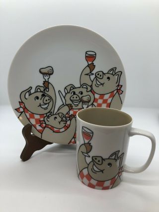 Fitz And Floyd Plate & Cup Mug Variations Pigs At A Barbecue Japan 1979 Vintage