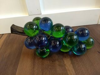 Vintage Mid Century Modern Lucite Acrylic Blue And Green Large Grapes Bunch 13 "