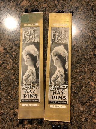 Vintage Hat Pins The Emily Dodd Glass Head 9 " Hatpins Box Of 2 (12 Pins Total)