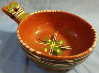 Mexican Red Clay Pottery Bowl With Handle Vintage Terra - Cotta