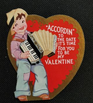 Vintage Embossed Valentine Accordion Concertina Boy Polka Music Card