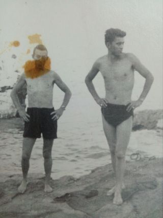 Vintage Photo.  Two Young Athletic Guys On The Beach.  Gays Standing On A Stone.