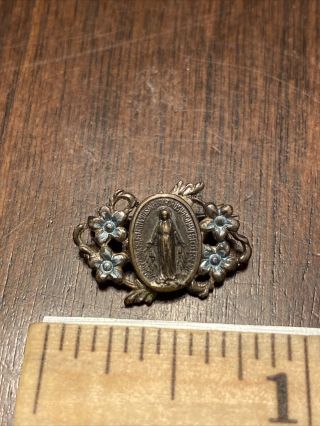 Vintage Religious Small Mother Mary Blue Flowers Silver Tone Pin,  Brooch