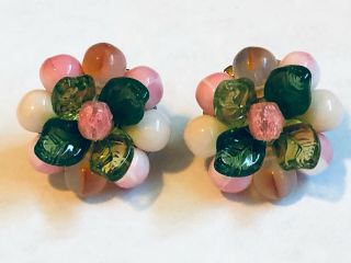 Vintage Earrings Clip - On W.  Germany Pink,  White Flowers W/ Green Leaves