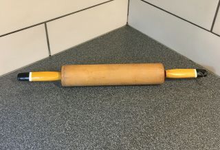 Vintage Mid - Century Ekco Wood Rolling Pin Maple Wood With Accent Handles 19”