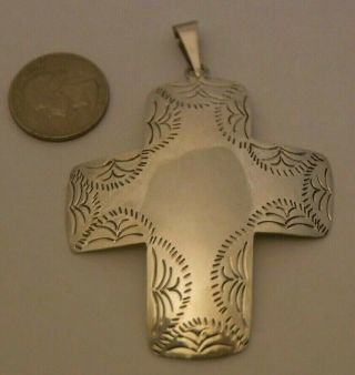 Large 3.  3 " Vintage Taxco Sterling Silver Hand Stamped Cross Hand Made