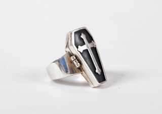 Vintage Sterling Silver Cross Coffin Design Poison Ring,  Solid,  Heavy,  Size 9