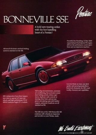 1988 Pontiac Bonneville Sse - Advertisement Print Art Car Ad J578