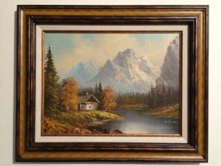 Vintage Signed Oil Painting Big Heavy Frame Made In Mexico " Mountain Landscape "