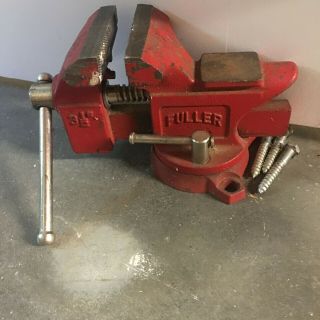 Vintage Red Fuller Bench Vise/vice 3 1/2 " Jaws Anvil Pipe Jaws And Swivel Base