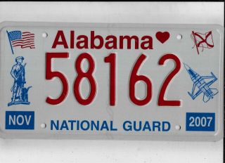 Alabama 2007 License Plate " 58162 " National Guard  "
